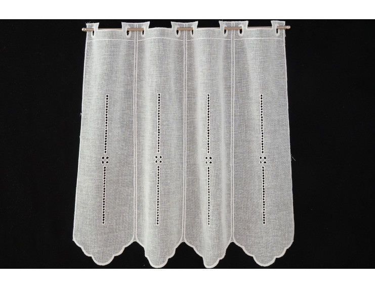 Perforated creme window curtain with embroidered bands