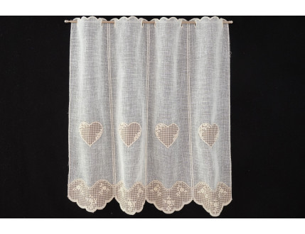 Chequered taupe window curtain with heart  and flowers