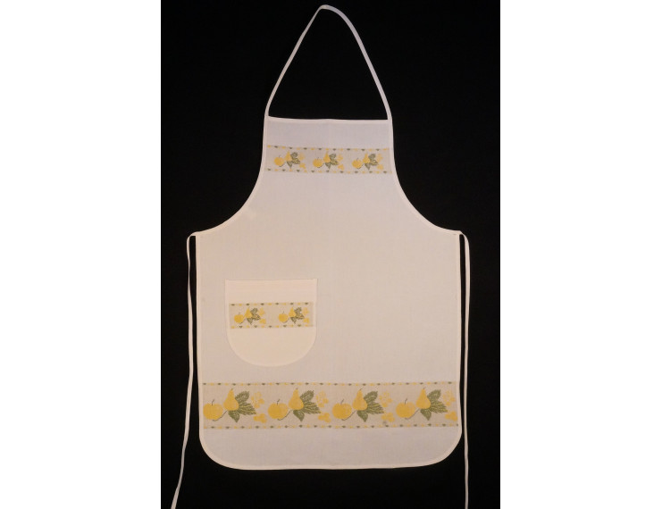 White apron with pocket, apple and pear in yellow