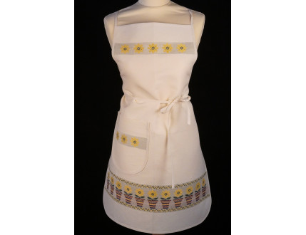 White apron with pocket, flowers and plant pot in yellow
