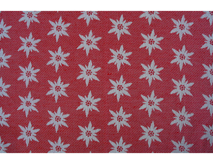 Red jacquard fabric in mixed cotton and linen with decorations